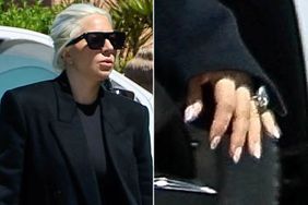 Lady Gaga rocks a stylish all-black ensemble paired with a Bottega Veneta bag while stopping to visit a friend's home in West Hollywood. Gaga sparked engagement rumors after fans noticed a massive addition to her jewelry collection