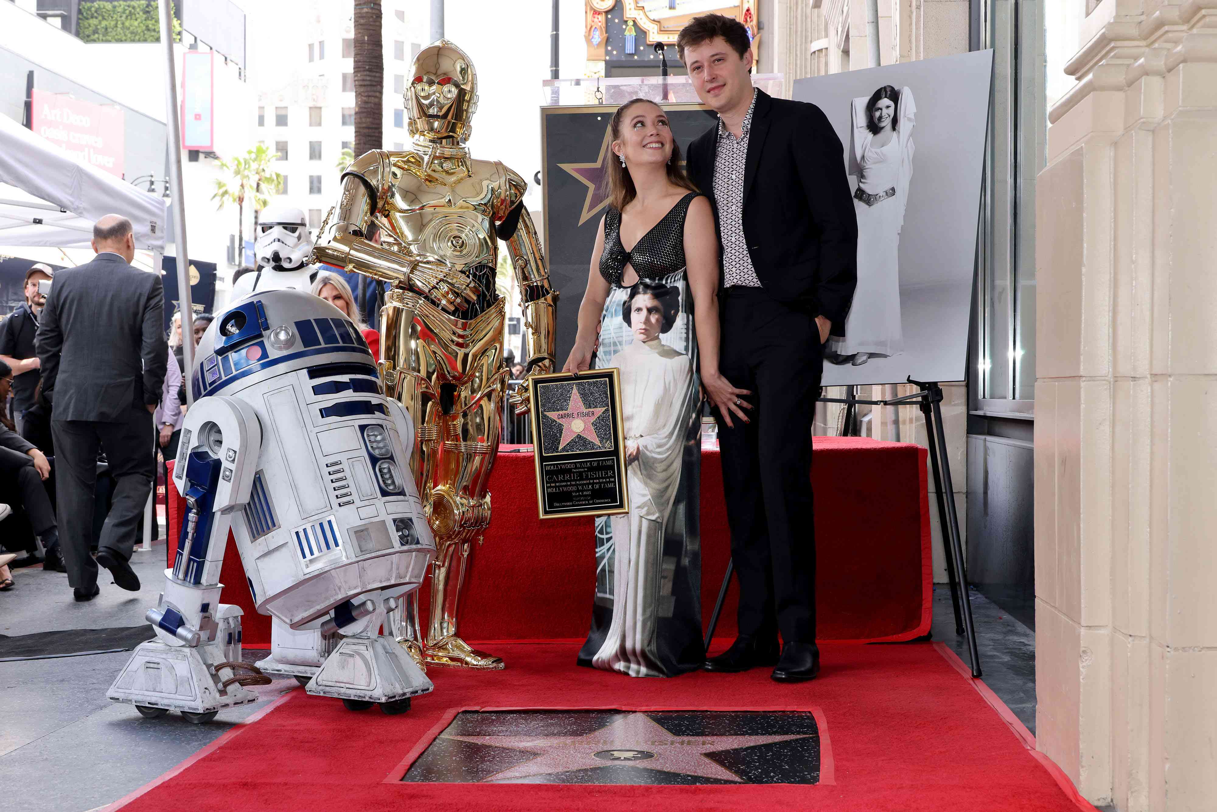Billie Lourd and Austen Rydell attend the ceremony for Carrie Fisher being honored posthumously with a Star on the Hollywood Walk of Fame on May 04, 2023 in Hollywood, California