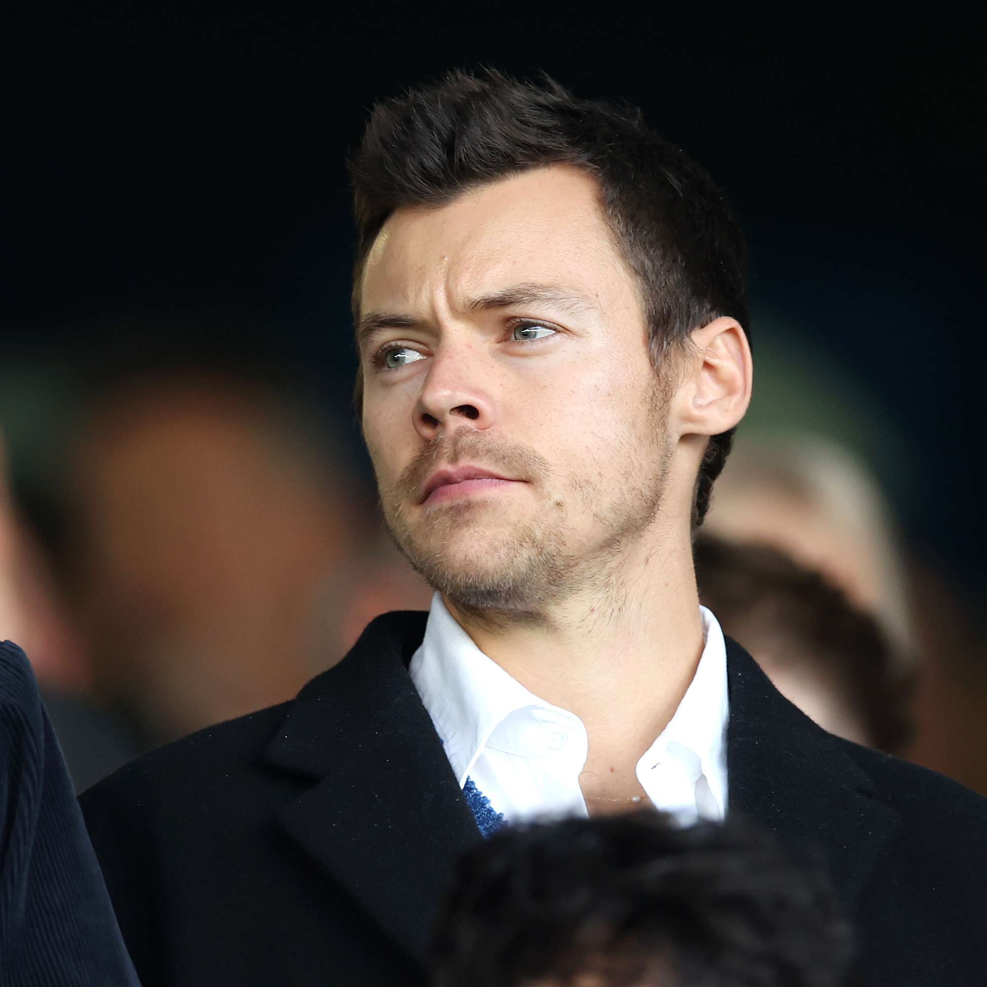 Harry Styles, English Singer, looks on prior to the Premier League match between Luton Town and Manchester United at Kenilworth Road 