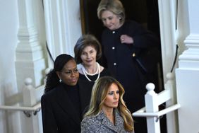 Former US Secretary of State Hillary Clinton, former US First Lady Laura Bush, former US First Lady Michelle Obama, and former US First Lady Melania Trump arrive for a tribute service for former US First Lady Rosalynn Carter