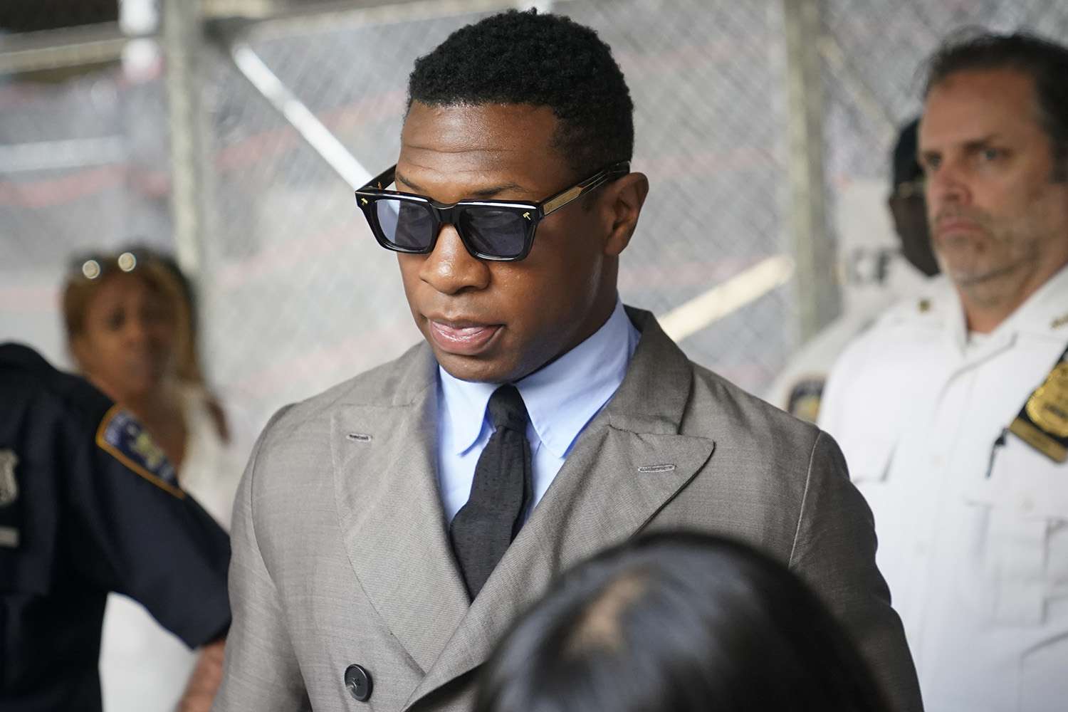 Jonathan Majors leaves court after a hearing on his domestic violence case