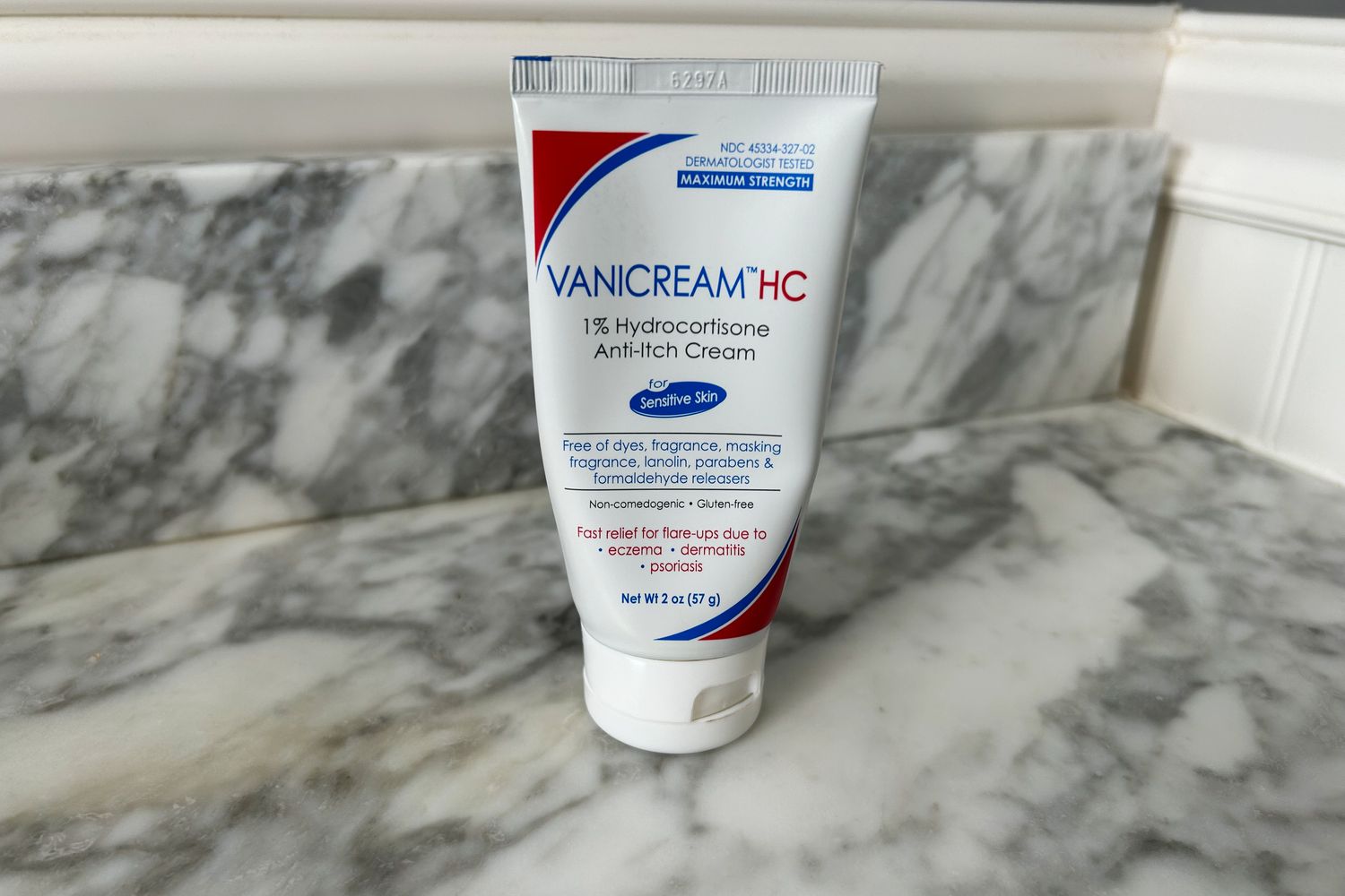 Vanicream HC 1% Hydrocortisone Anti-Itch Cream displayed on a marble countertop