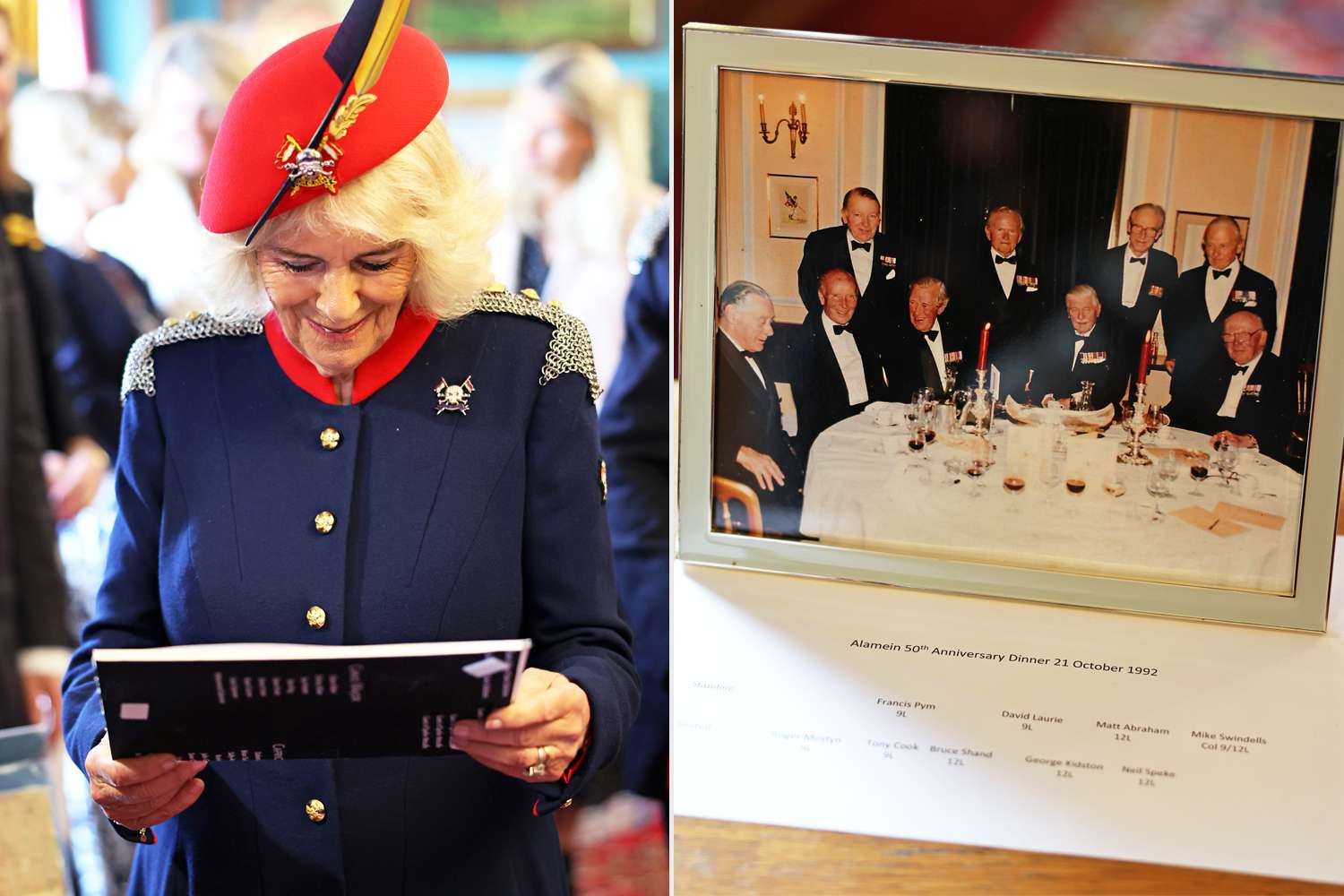 Queen Camilla views a photograph of Veteran Royal Lancers including Queen Camilla's father Major Bruce Shand on display during a visit to The Royal Lancers on April 22, 2024 in Catterick, England.