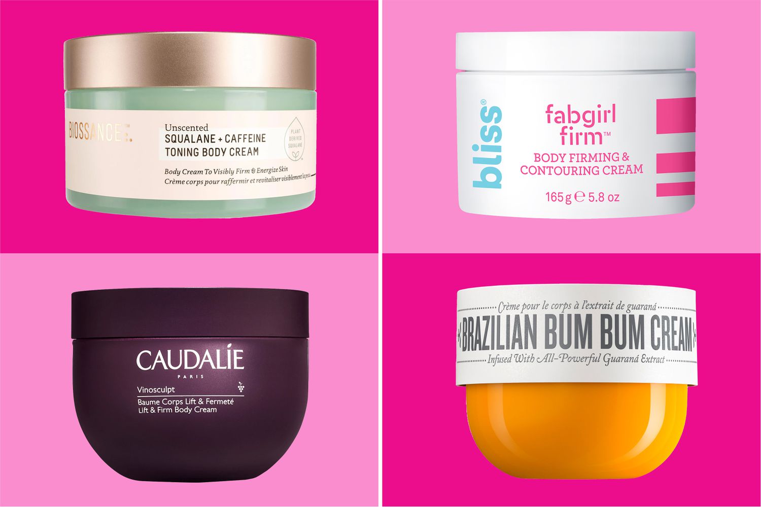 A collage of the best cellulite creams we recommend on a colorful background