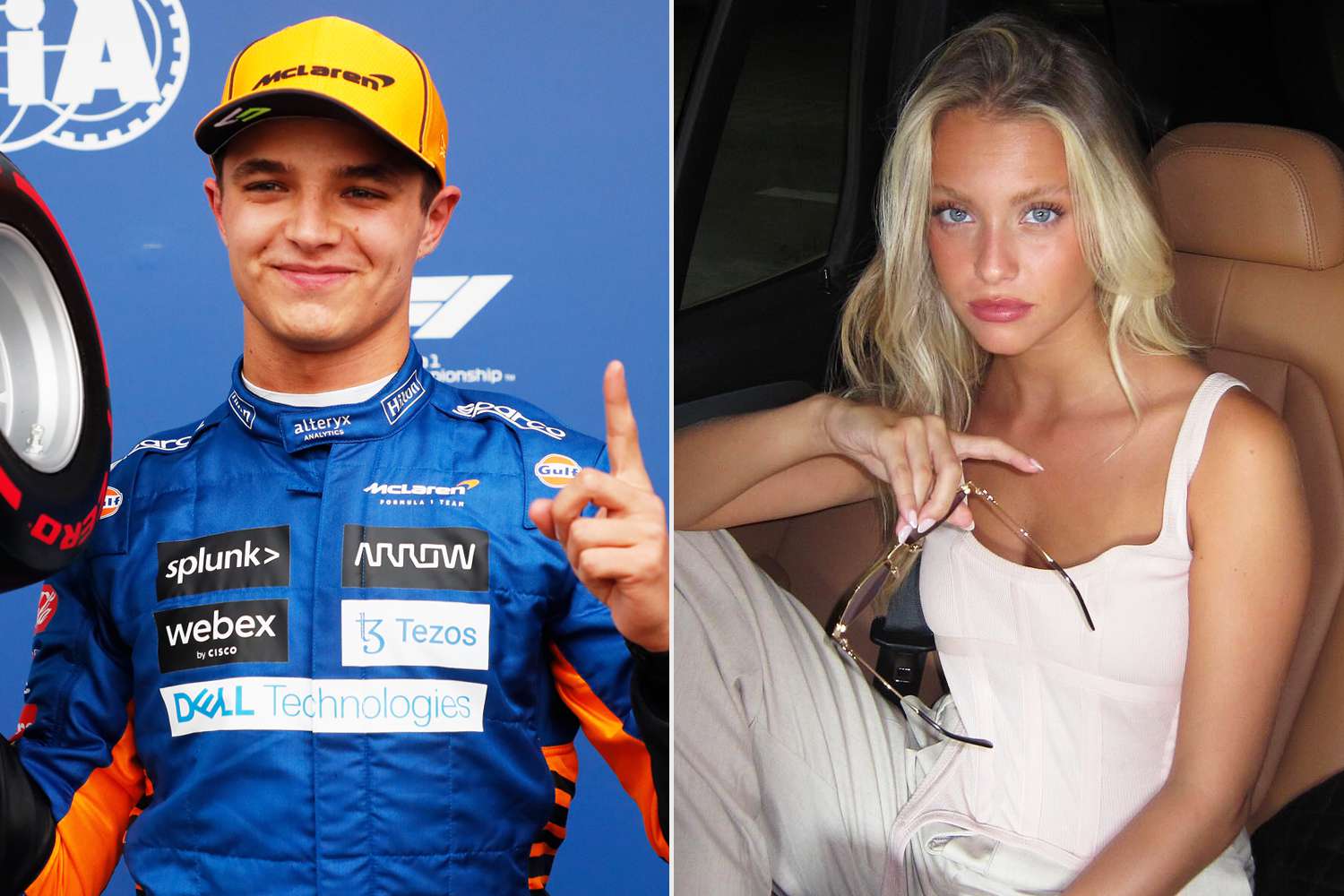 Pole position qualifier Lando Norris of Great Britain and McLaren F1 celebrates in parc ferme during qualifying ahead of the F1 Grand Prix of Russia at Sochi Autodrom on September 25, 2021 in Sochi, Russia; Margarida Corceiro Poses In A Car On Instagram