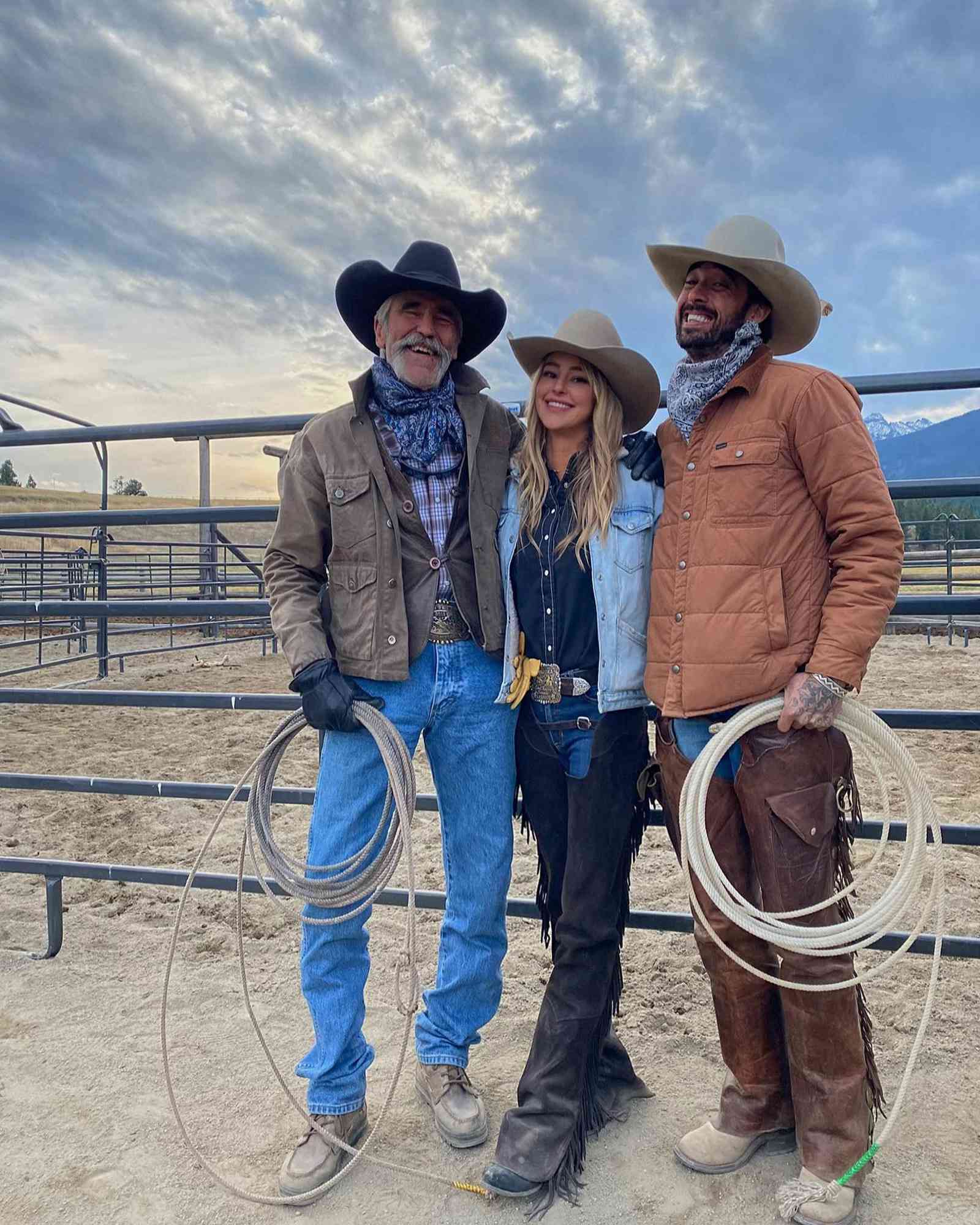 Forrie J. Smith, Hassie Harrison, and Ryan Bingham on the set of 'Yellowstone'.