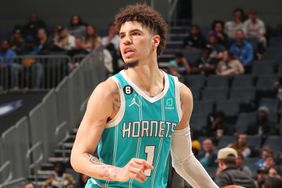 LaMelo Ball #1 of the Charlotte Hornets handles the ball during the game on Febuary 27, 2023 at Spectrum Center in Charlotte, North Carolina.