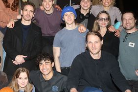 Producer Angelina Jolie, Producer Vivienne Jolie-Pitt, Original film star Matt Dillon, Director Danya Tamor, Book Writer Adam Rapp pose with the cast and company backstage at the new musical based on the classic book "The Outsiders" on Broadway 