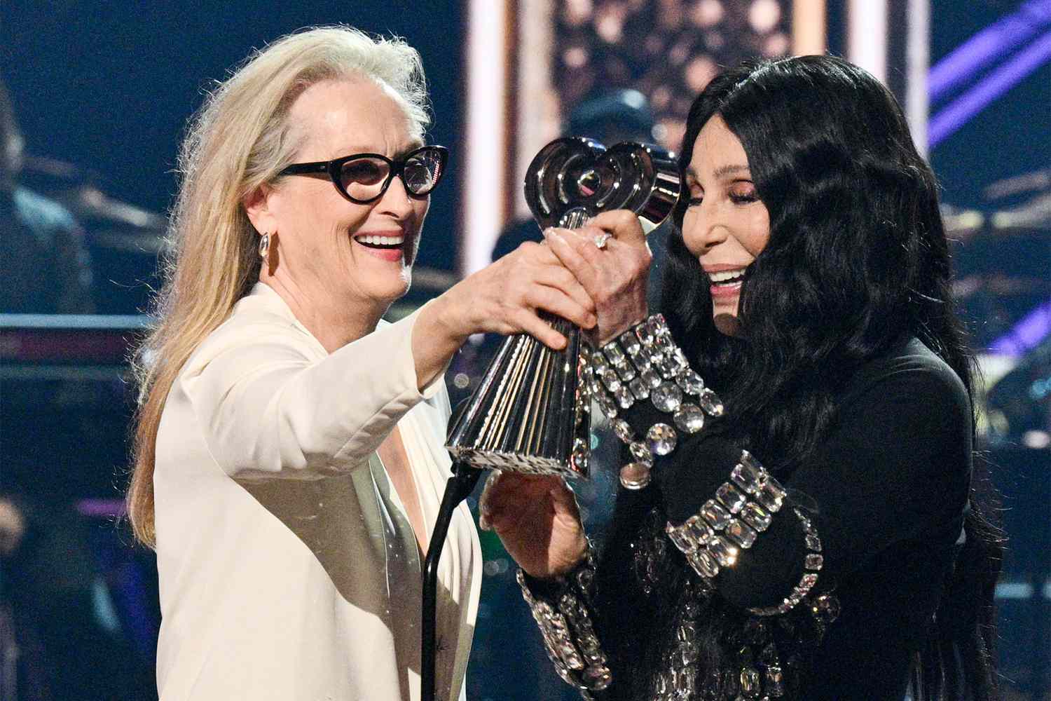 Meryl Streep and Cher at the 2024 iHeartRadio Music Awards held at the Dolby Theatre on April 1, 2024 in Los Angeles, California. 