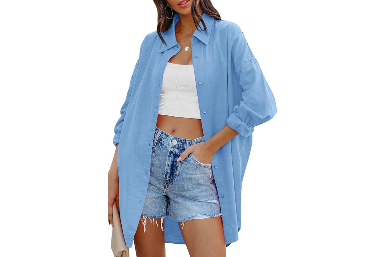 FSHAOES Womens Oversized Button Down Shirts Casual Loose Long Sleeve Solid Lapel Long Blouses Tops with Pockets