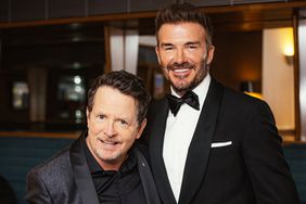 Michael J. Fox and David Beckham backstage during the EE BAFTA Film Awards 2024 at The Royal Festival Hall on February 18, 2024 in London, England.