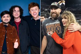 John Higgins, Martin Herlihy, and Ben Marshall of comedy trio Please Don't Destroy; Travis Kelce and Taylor Swift