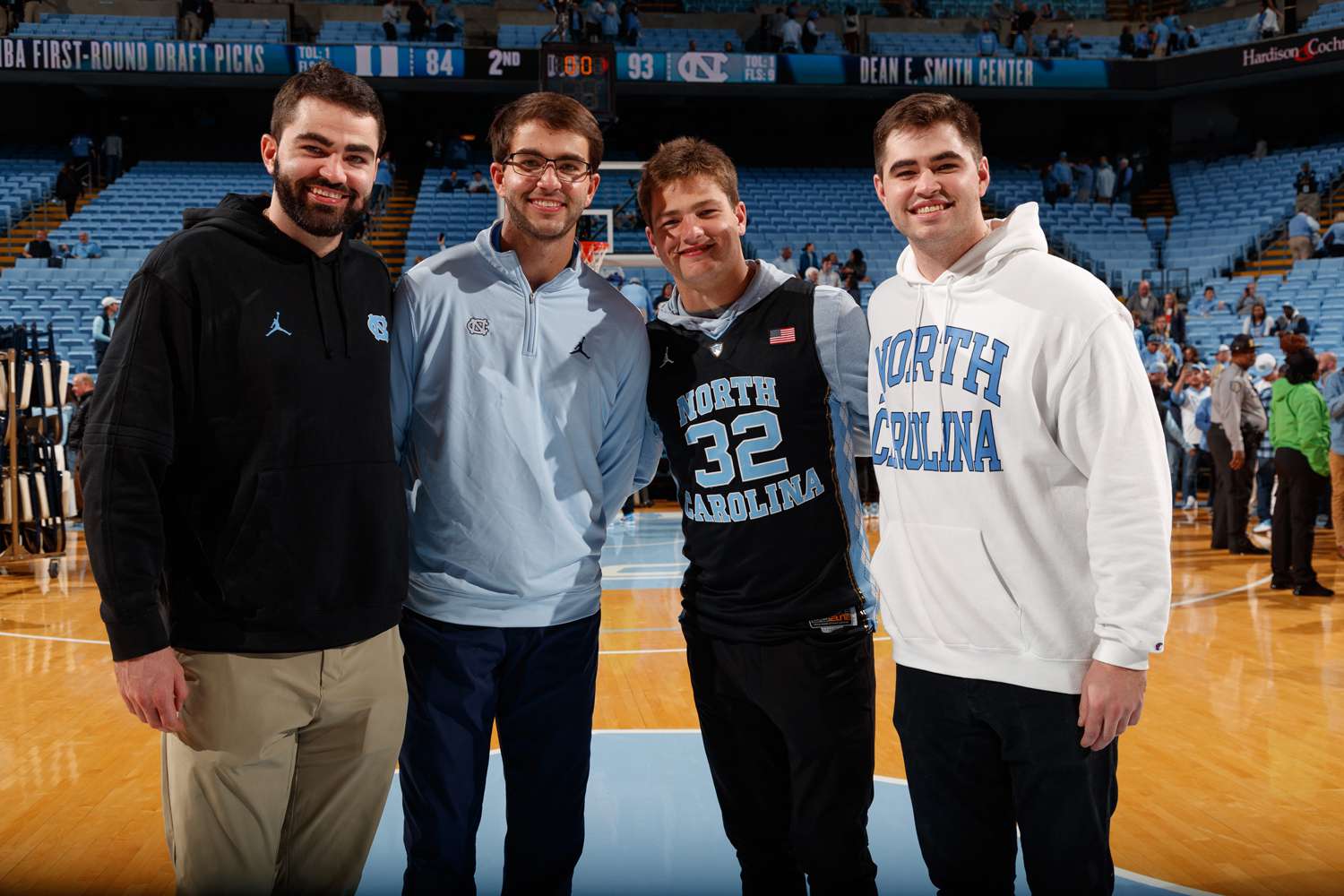 North Carolina Tar Heels current and former student athlete Maye brothers (L to R) Luke Maye, Beau Maye, Drake Maye, and Cole Maye during a basketball game against the Duke Blue Devils at the Dean Smith Center on February 03, 2024 in Chapel Hill, North Carolina. North Carolina won 93-84