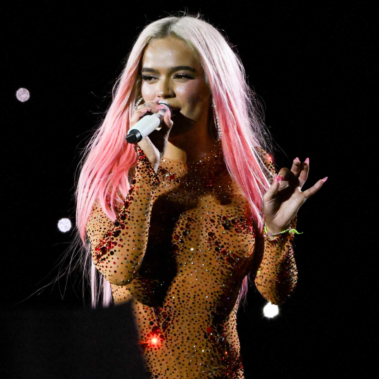 Colombian singer Karol G performs onstage at the Velez Sarsfield stadium in Buenos Aires on April 26, 2024. 