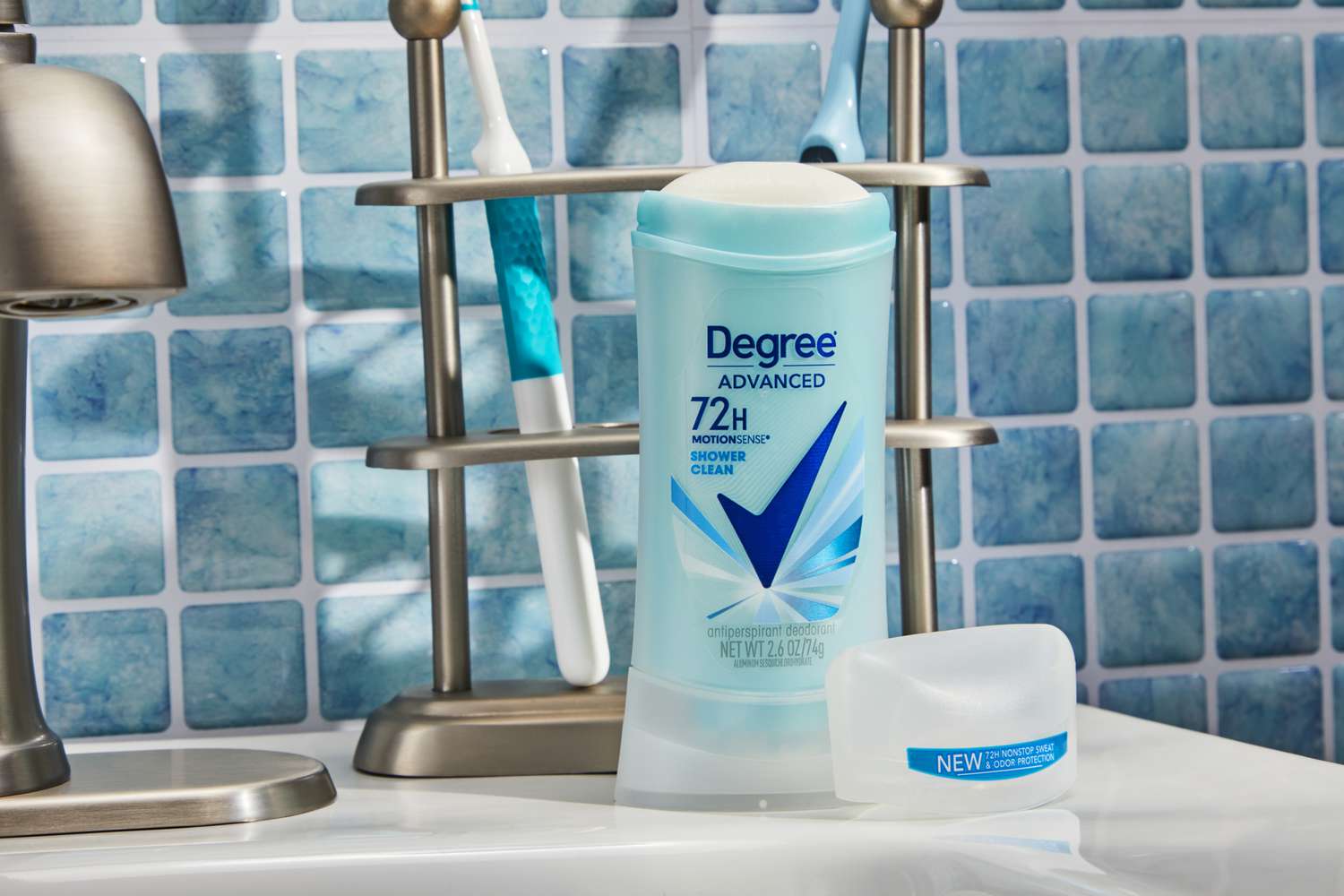 Degree Advanced Antiperspirant Deodorant displayed on bathroom sink