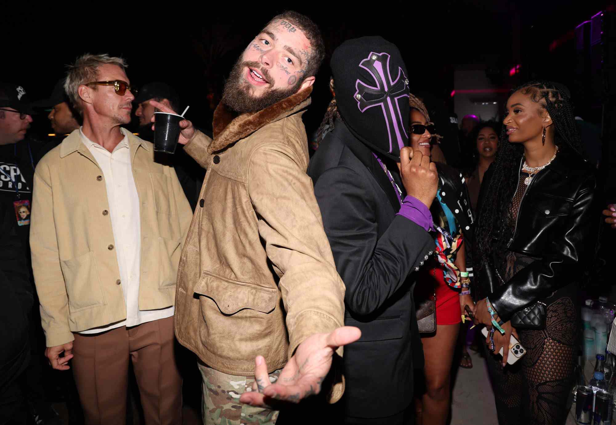 COACHELLA, CALIFORNIA - APRIL 14: Post Malone and Metro Boomin enjoy Casamigos at TAO Desert Nights presented by Jeeter at Zenyara on April 14, 2023 in Coachella, California. (Photo by Jerritt Clark/Getty Images for Casamigos )