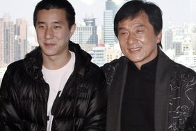 Jackie Chan and his son Jaycee Chan attend a press conference announcing a concert at the Bird's Nest Stadium on April 1, 2009