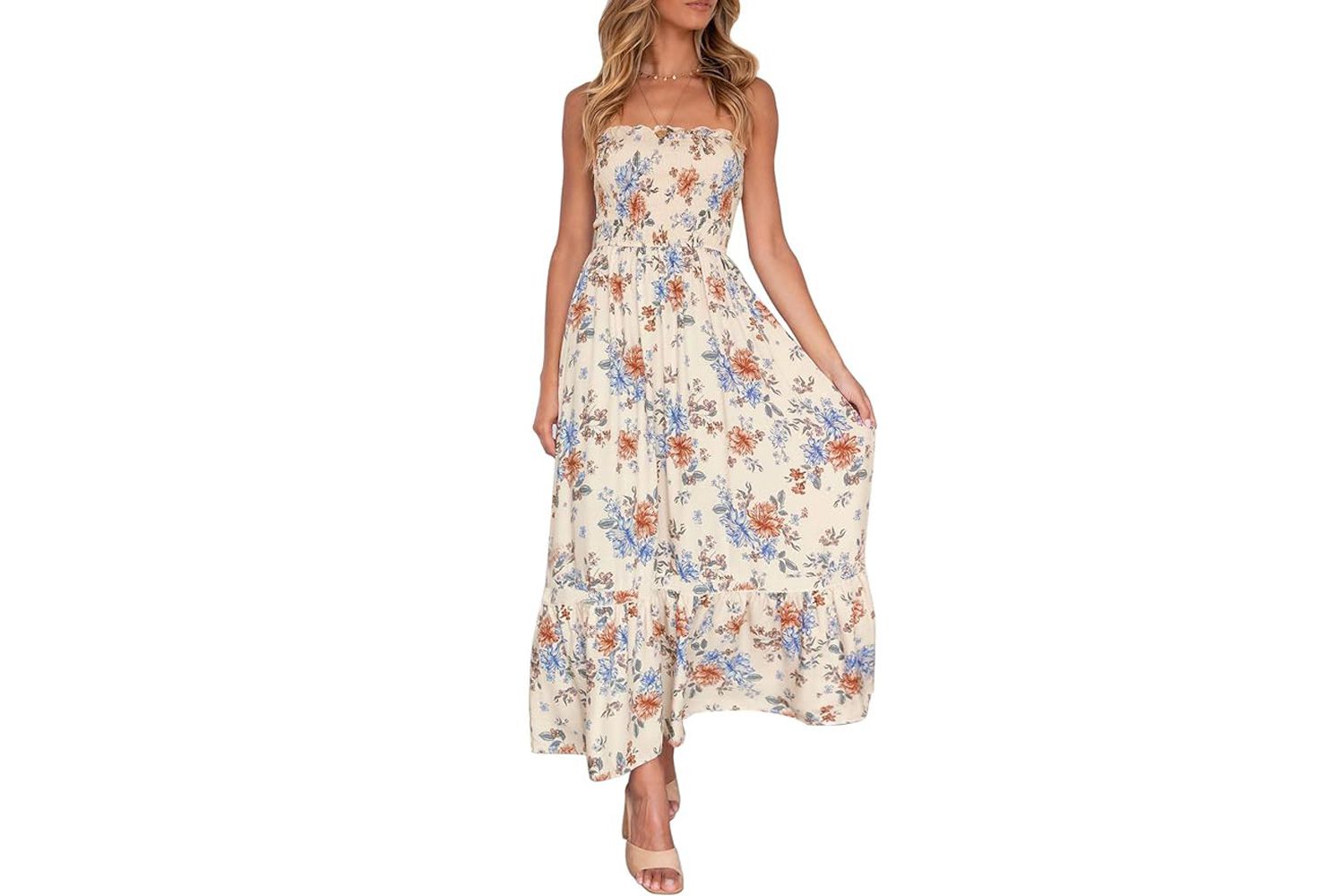 Amazon ZESICA Women's 2024 Summer Bohemian Floral Printed Strapless Beach Party Long Maxi Dress