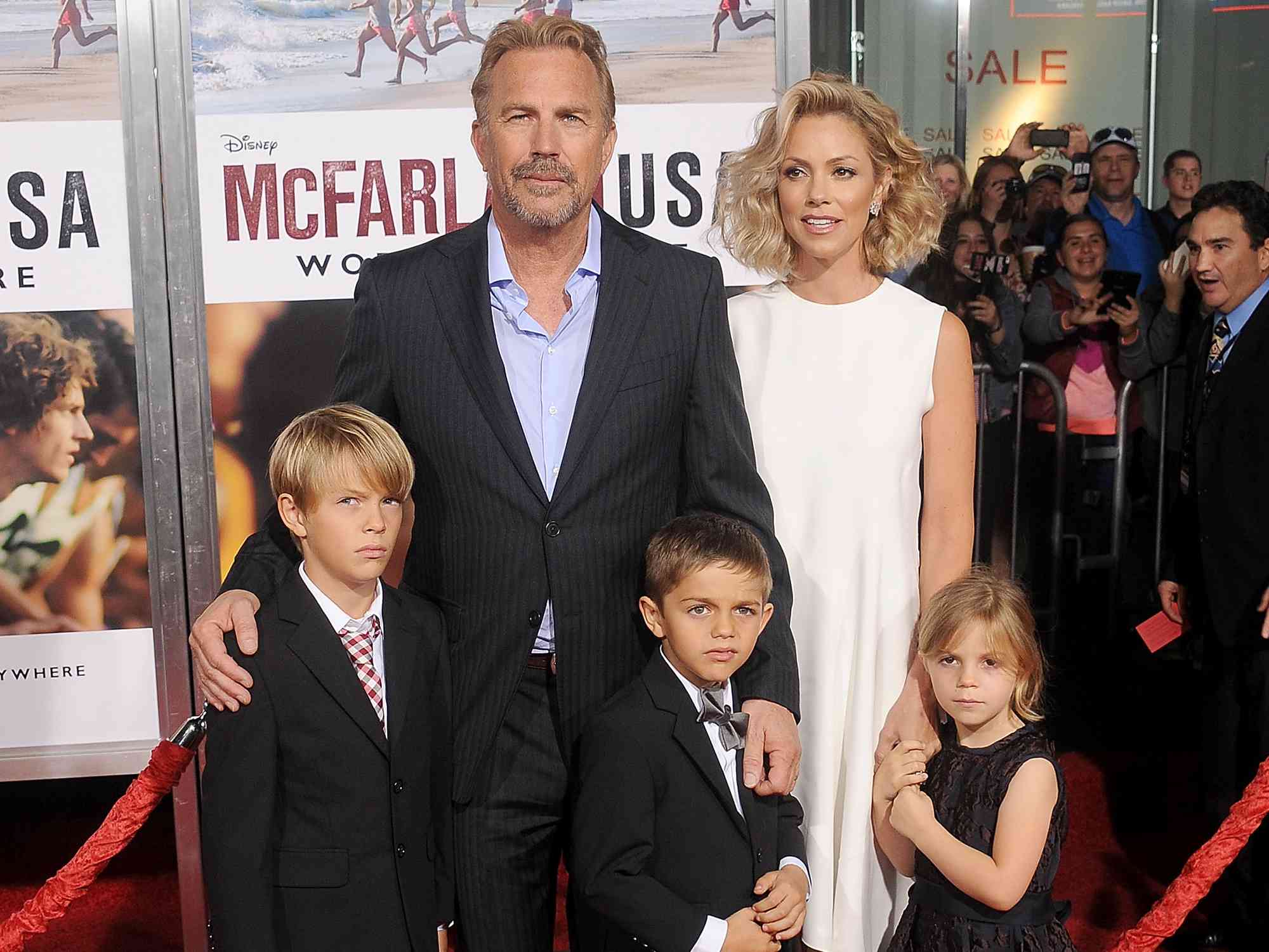 Kevin Costner, wife Christine Baumgartner and children Grace Avery Costner, Hayes Logan Costner and Cayden Wyatt Costner arrive at the World Premiere of Disney's "McFarland, USA" at the El Capitan Theatre on February 9, 2015 in Hollywood, California