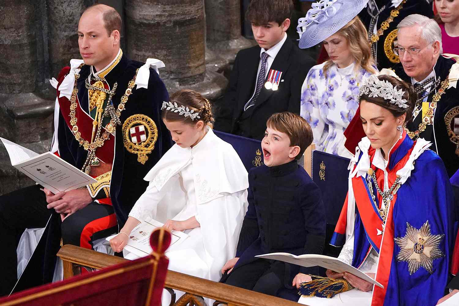 (From L) Britain's Prince William, Prince of Wales, Princess Charlotte, Prince Louis and Britain's Catherine, Princess of Wales attend the coronations of Britain's King Charles III and Britain's Camilla, Queen Consort at Westminster Abbey in central London on May 6, 2023.