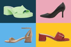 Four of the best comfortable heels on different color backgrounds. 