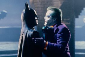 View of American actors Michael Keaton (in costume as Batman) (left) and Jack Nicholson (as the Joker) in the film 'Batman' (directed by Tim Burton), 1989. 