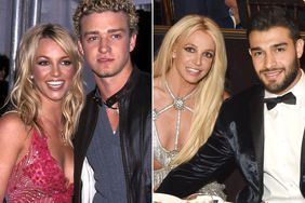 Singer Britney Spears and Justin Timberlake at the 29th Annual American Music Awards in 2002. ; Britney Spears and Sam Asghari at the 29th Annual GLAAD Media Awards in 2019. 