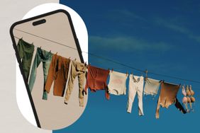 A clothing line hanging against a blue sky exits from the frame of an iPhone.