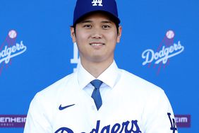 Shohei Ohtani is introduced by the Los Angeles Dodgers at Dodger Stadium on December 14, 2023 in Los Angeles, California