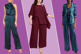 Collage of three mother-of-the-bride pantsuits on a purple background