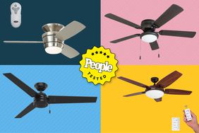 A composite of four of the best ceiling fans, each on a different color background with a People Tested badge.