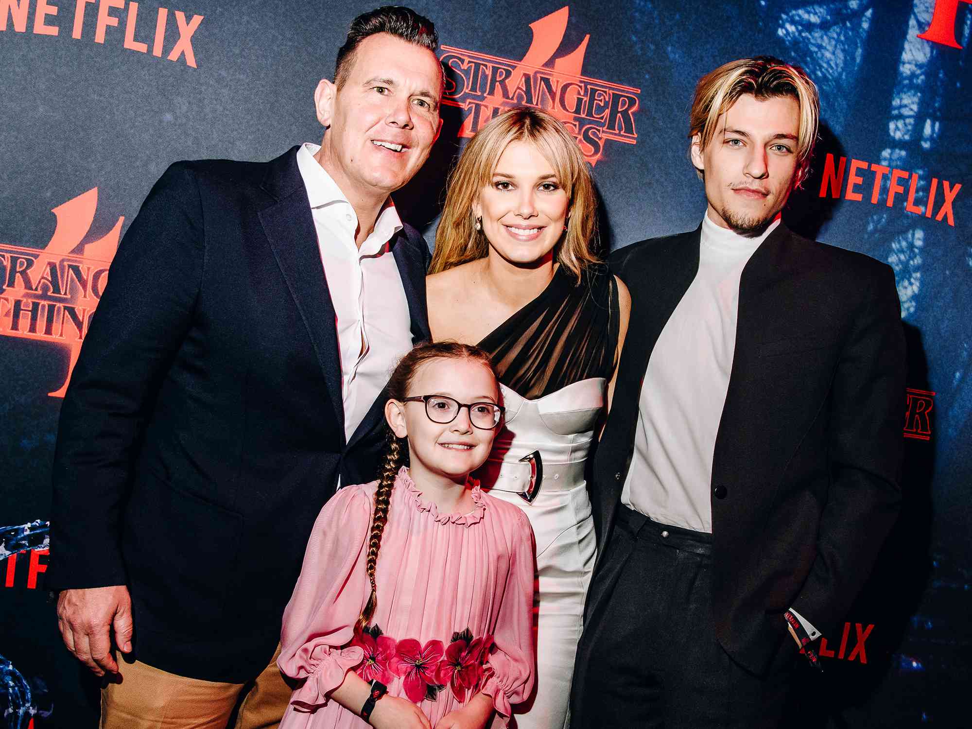 Robert Brown, Ava Brown, Millie Bobby Brown, Jake Bongiovi at the premiere of season 4 of 'Stranger Things' in 2022.
