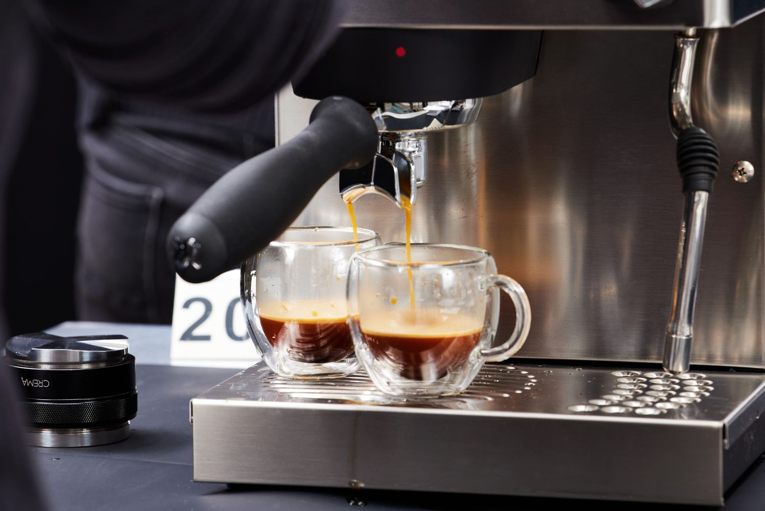 Two shots of espresso being brewed using the Rancilio Silvia Espresso Machine.