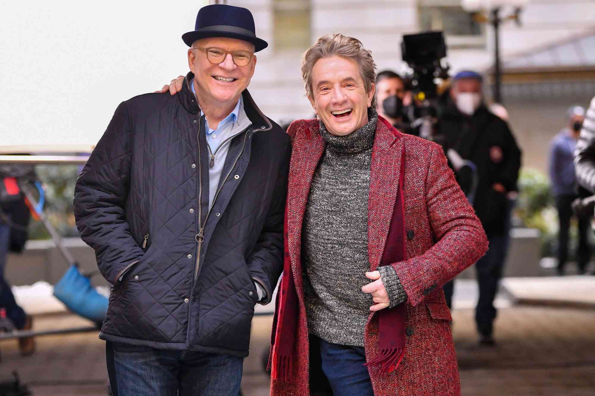 NEW YORK, NY - FEBRUARY 24: Steve Martin and Martin Short seen on the set of 'Only Murders in the Building' in Manhattan on February 24, 2021 in New York City. (Photo by James Devaney/GC Images)