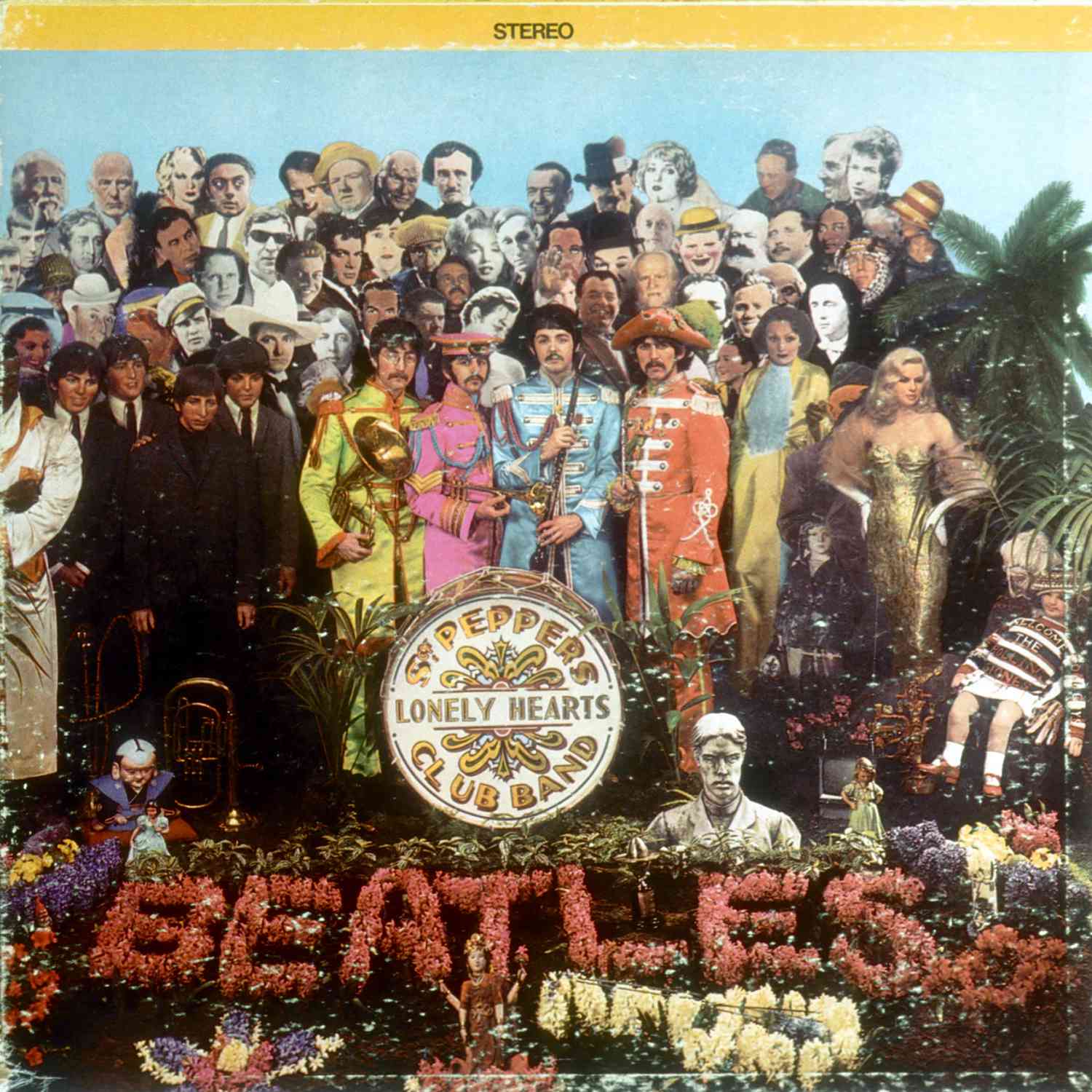 Album cover designed by art director Robert Fraser for rock and roll band "The Beatles" album entitled "Sgt. Pepper's Lonely Hearts Club Band" which was released on June 1, 1967