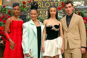 LONDON, ENGLAND - APRIL 21: (L-R) Arsema Thomas, Golda Rosheuvel, India Amarteifio and Corey Mylchreest attend the Special Fan Screening and Garden Party for "Queen Charlotte: A Bridgerton Story" at Odeon Luxe Leicester Square on April 21, 2023 in London, England. (Photo by Lia Toby/Getty Images)