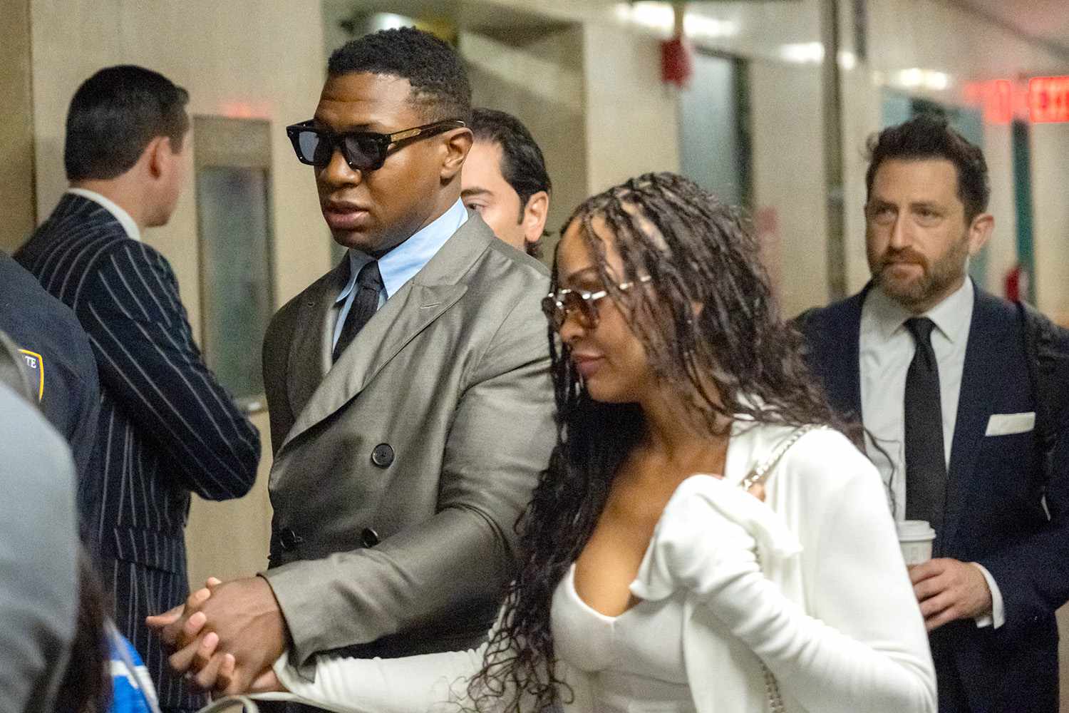 Jonathan Majors, and his girlfriend, Megan Good, arrive to Manhattan Criminal Court for his pre-trial hearing on August 03, 2023 in New York City