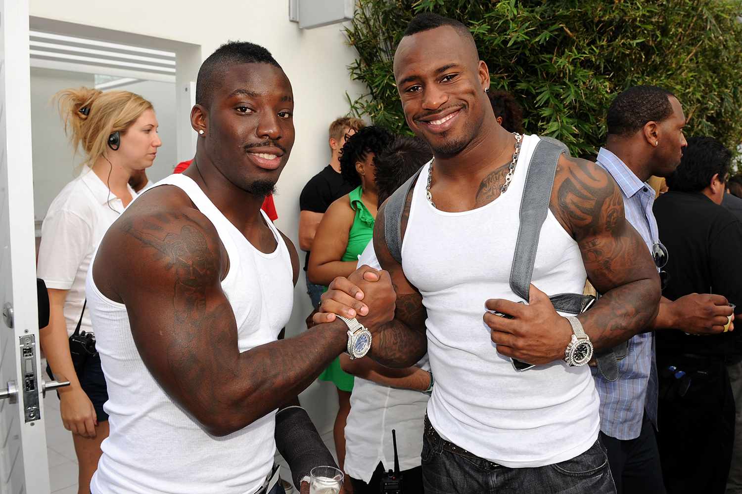 NFL players Vontae Davis and Vernon Davis attend the launch of New Tide Plus Febreze Freshness Sport at The Recreation Deck at The W South Beach