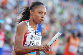 Allyson Felix, USA, multiple sprint world champion after the 4x400 m mixed relay, her last race. The USA relay team took bronze