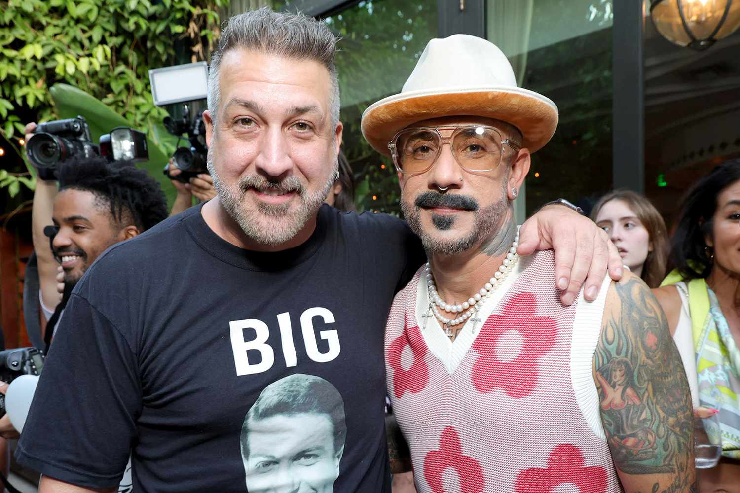 Joey Fatone and AJ McLean attend the We The Best Foundation Golf Classic VIP Reception at The Swan on July 19, 2023 in Miami, Florida.