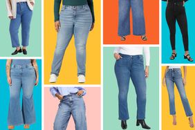 an assortment of plus size jeans we recommend on a colorful background