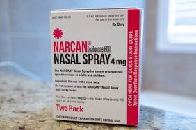 Close-up of box with logo for Narcan brand Naloxone nasal spray 