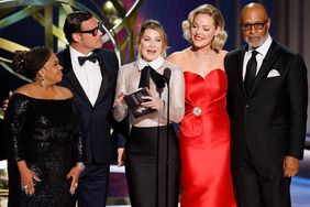 Los Angeles, CA - January 15: Chandra Wilson, Justin Chambers, Ellen Pompeo, Katherine Heigl and James Pickens at the 75th Primetime Emmy Awards at the Peacock Theater in Los Angeles, CA, Monday, Jan. 15, 2024. 