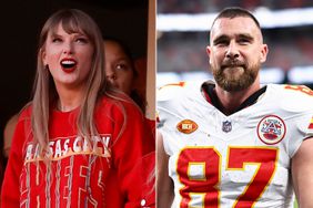 Taylor Swift and Brittany Mahomes react to a touchdown scored by Travis Kelce #87; Kansas City Chiefs tight end Travis Kelce (87) reacts prior to an NFL football game against the Las Vegas Raiders 