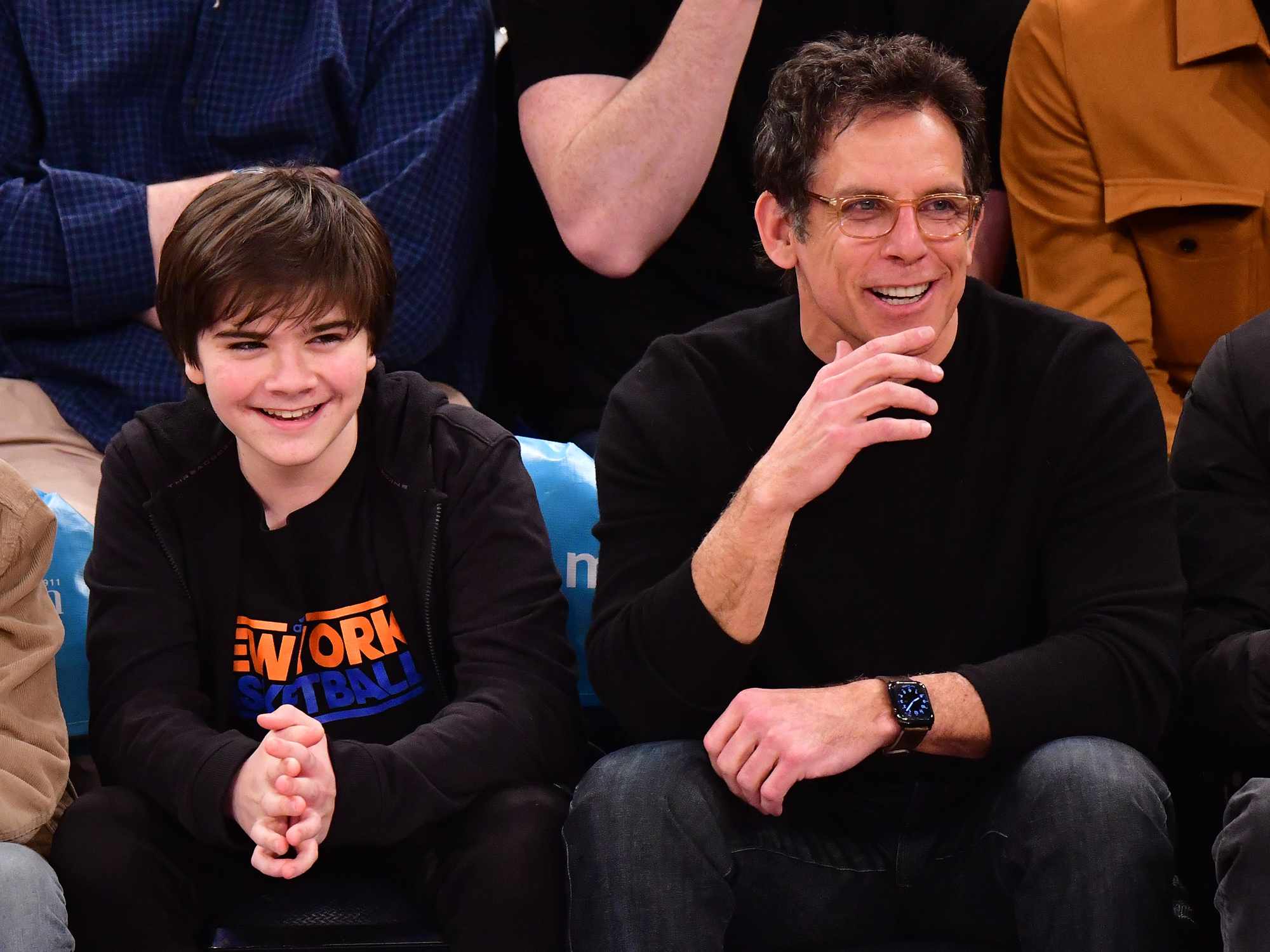 Quinlin Stiller and Ben Stiller attend Toronto Raptors v New York Knicks game at Madison Square Garden on January 24, 2020 in New York City