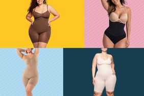 Collage of four models wearing shapewear on multi-color background 