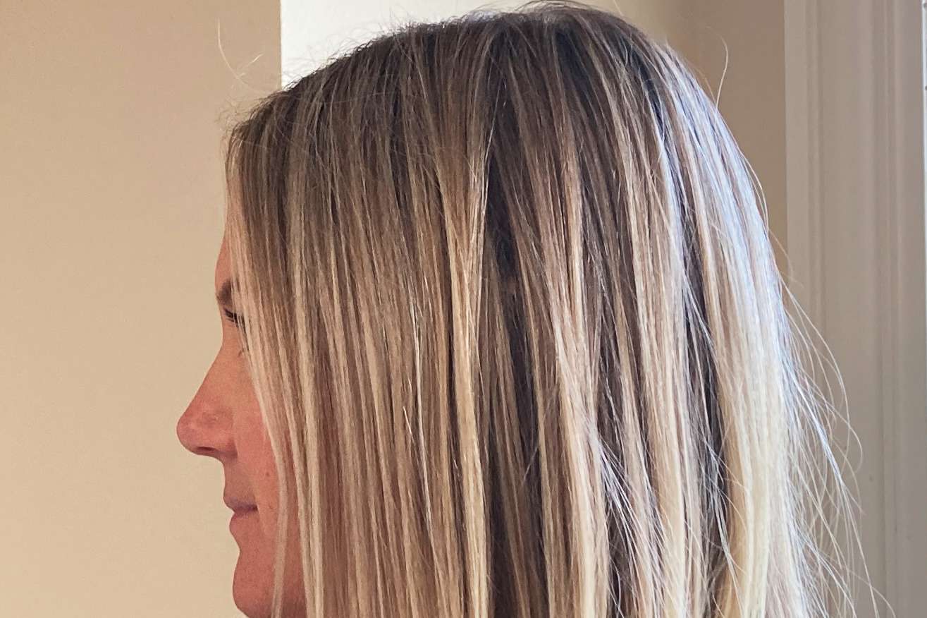 A person's hair before using Saltair Beach Blonde Shampoo