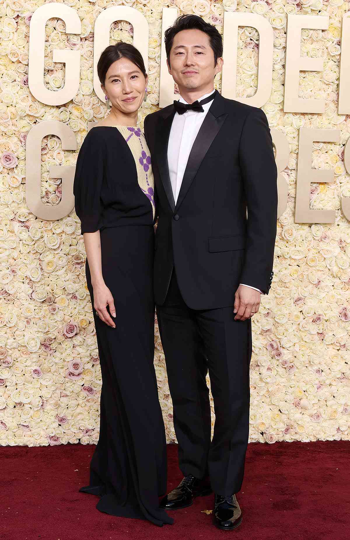 Joana Pak and Steven Yeun attend the 81st Annual Golden Globe Awards at The Beverly Hilton on January 07, 2024 in Beverly Hills, California. (