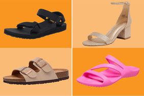 Collage of four customer-loved sandals under $35 on an orange background