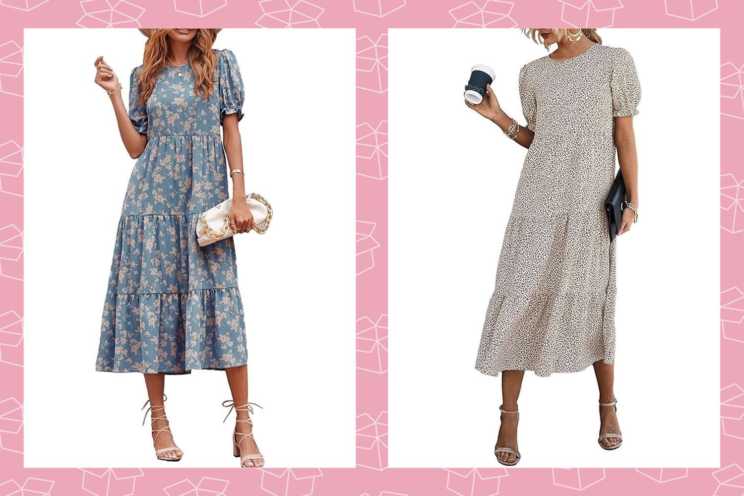 Two Prettygarden Puff-Sleeve Midi Dresses in different patterns on models with a pink border
